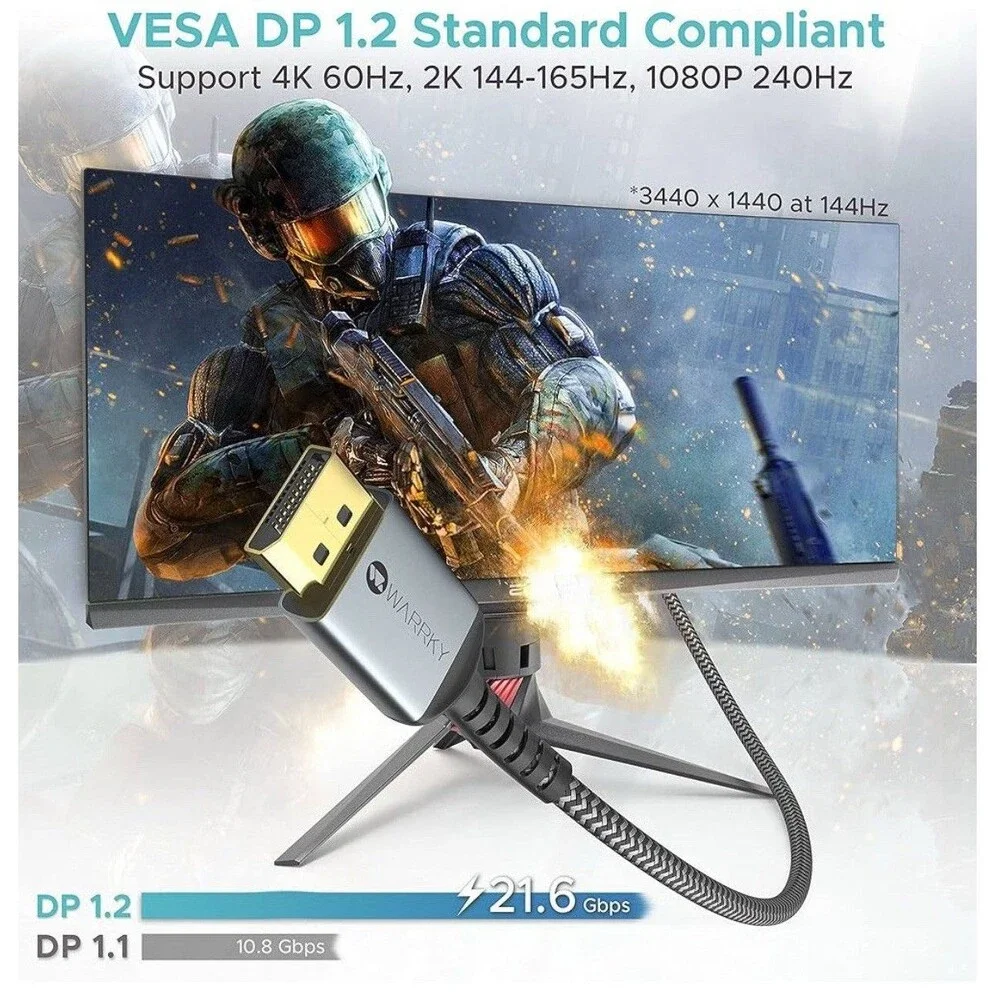 Warrky DisplayPort Cable (4K@60Hz, 2K@144Hz, 2K@165Hz), Display Port Cable 144z,